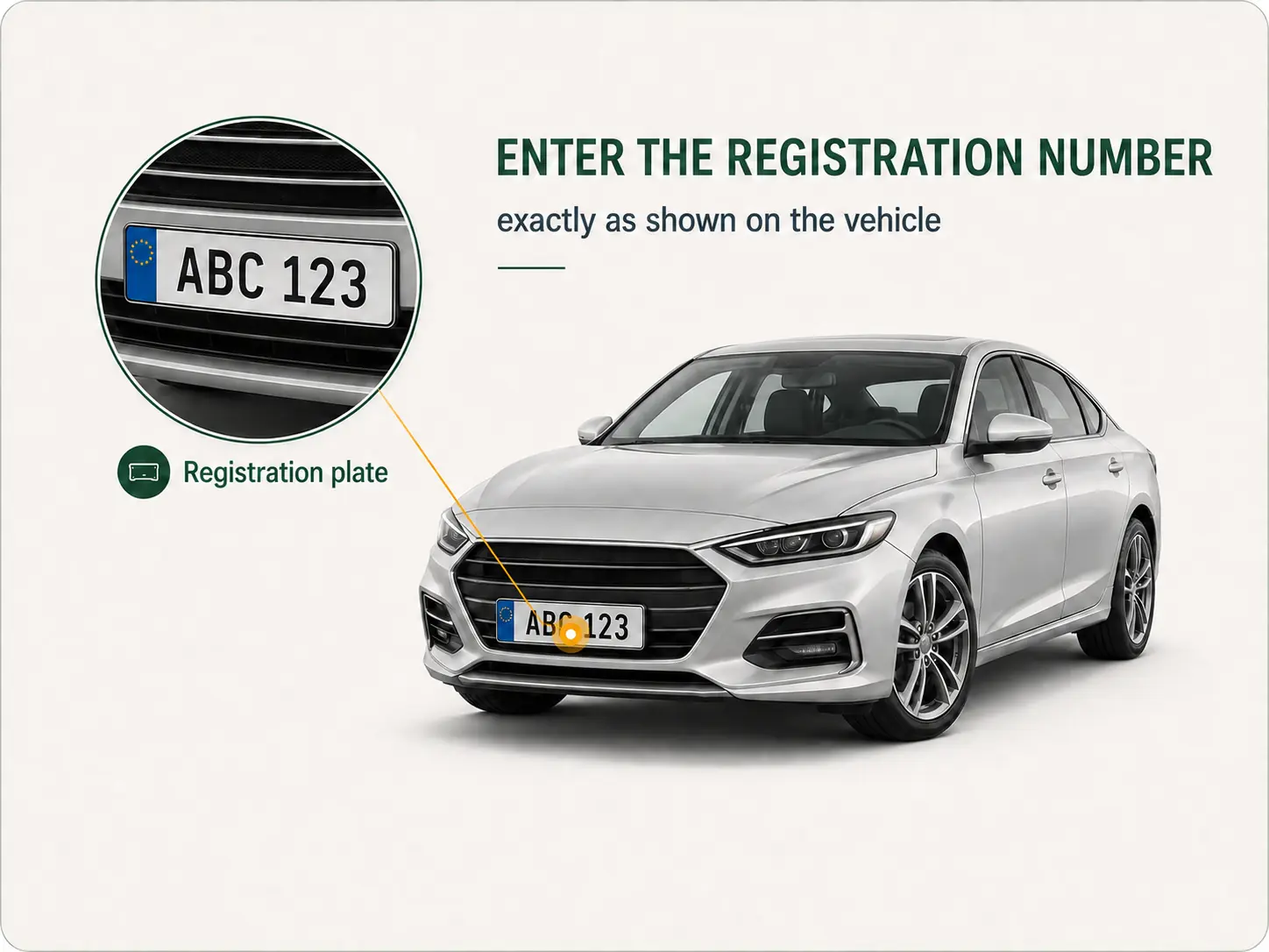 Enter the registration number exactly as shown on the vehicle